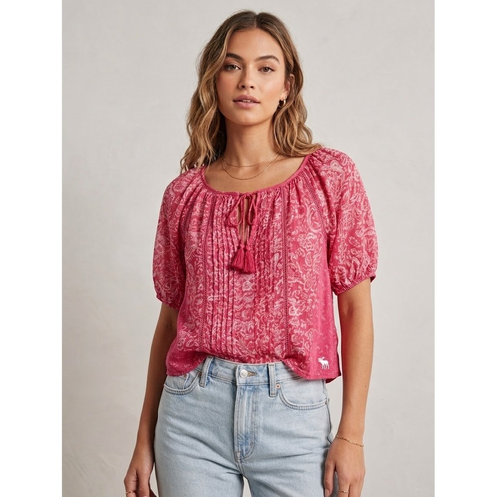 Abercrombie & Fitch Pink Paisley Floral Tassel Peasant Blouse Top Small